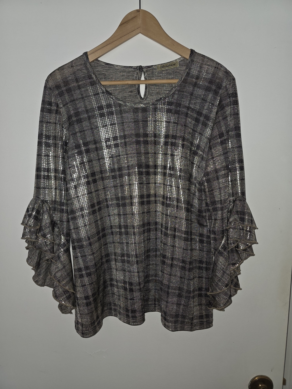 Plaid Ruffle-Sleeve Blouse in Grey And Black With Metallic Accent, Soft & Flowy - Picture 2 of 6